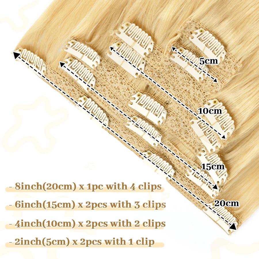 K.S WIGS Full Head Clip in Hair Extension Balayage Blonde Machine Remy Human Hair 100% Real Natural Hairpiece Clips On For Women