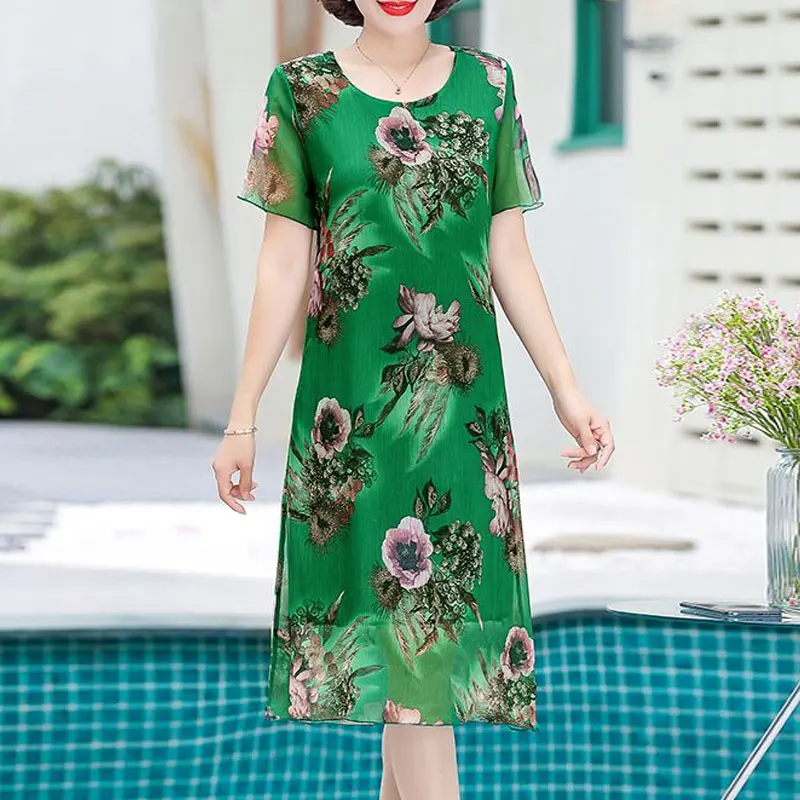 Fashion Irregular Midi Dress Vintage Floral Printed Women\'s Clothing O-Neck Elegant A-Line Summer Spliced Short Sleeve Dresses