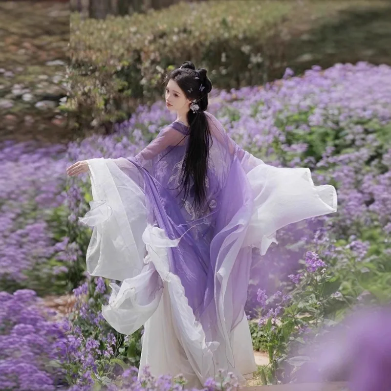 New purple Hanfu women's big-sleeved shirt improved Han element balsam skirt super fairy heavy industry embroidery