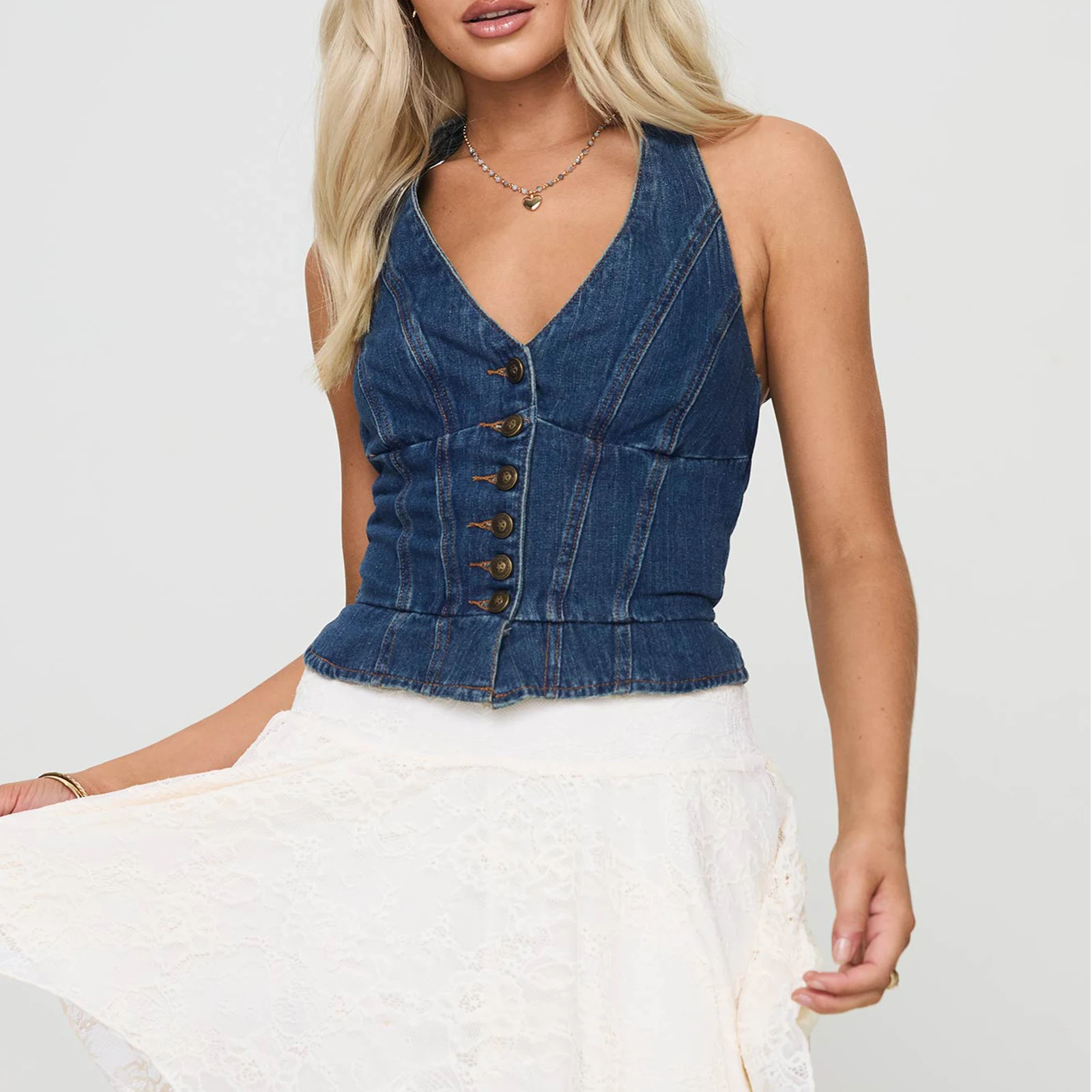 Combhasaki Women's Y2K Bow Knot Tied Halter Button-down V-Neck Denim Vest Sleeveless Slim Fit Cropped Tank Tops Jean Waistcoat