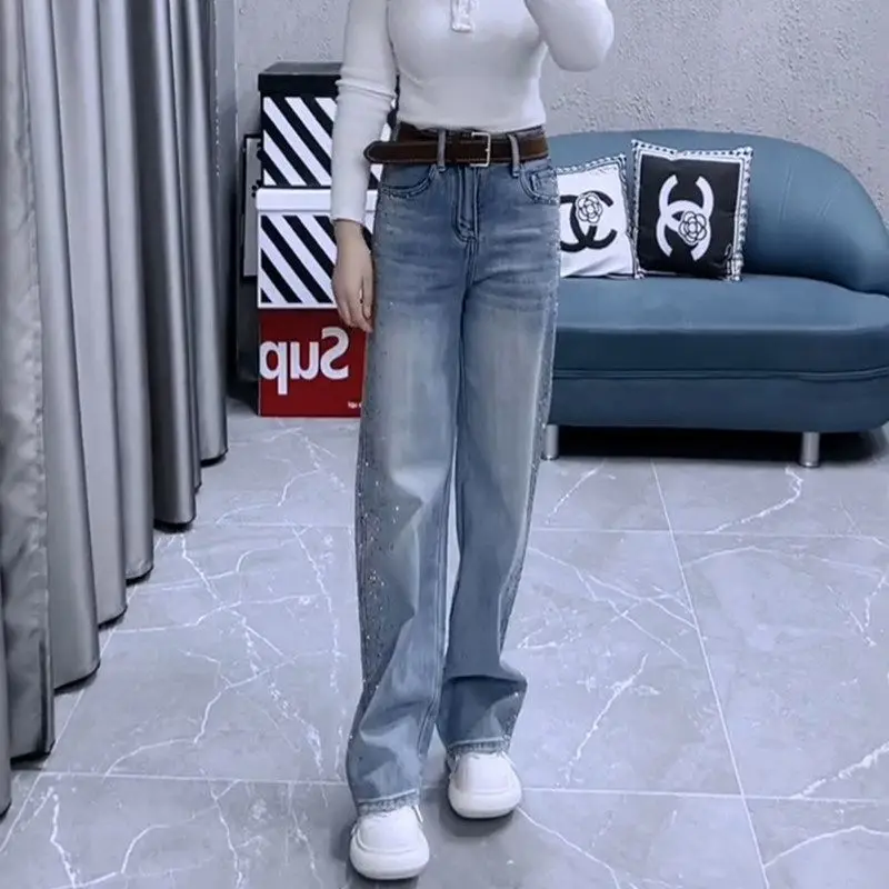 European New Fashion Women Light Blue Solid Color Loose Straight Plus Size Simple Daily Basic Jeans Pants Female Denim Trousers
