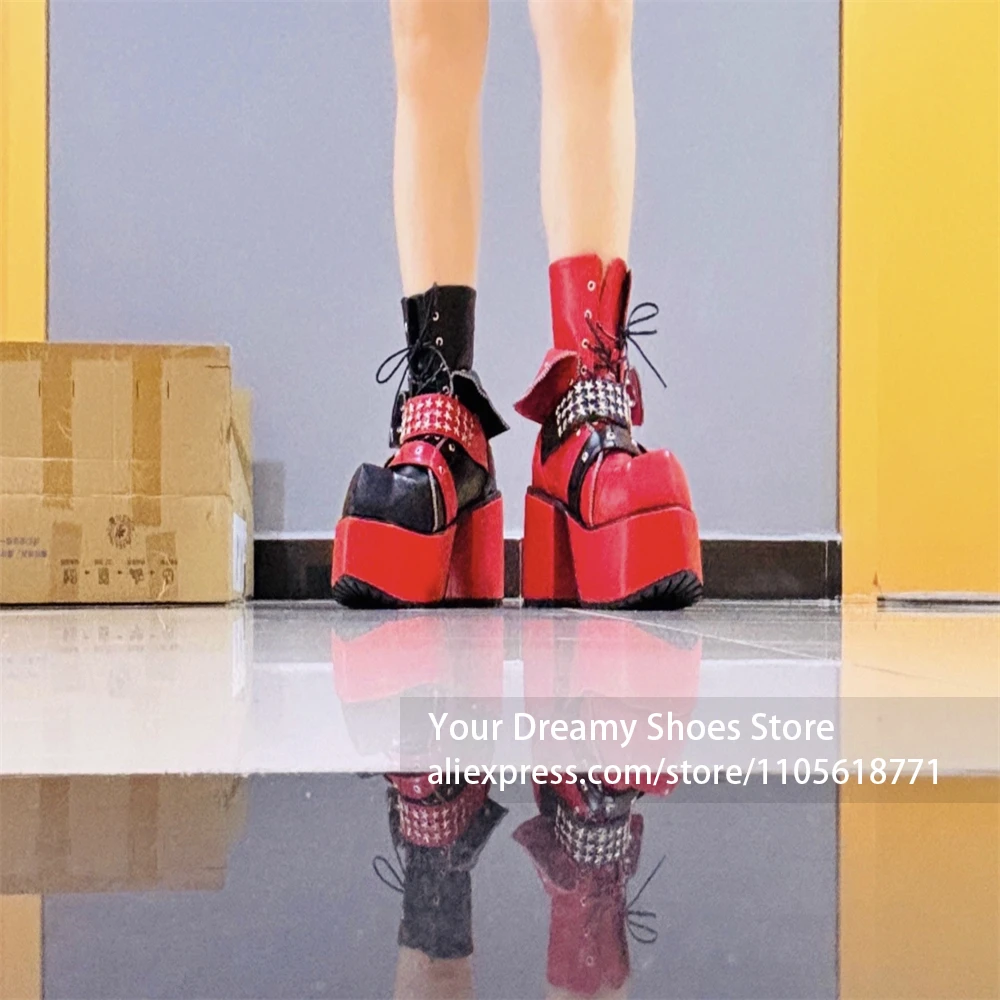 Black Red Two-Tone Faux Leather Upper Boots Dual Wide Strap With Silver Star Studs Boots Inner Side Zipper Lace Up Platform Boot