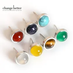 Change Better Handmade Lovely 10mm Natural Stone Stud Earrings Women Fashion Stainless Steel Healing Crystal Ear Jewelry Gift