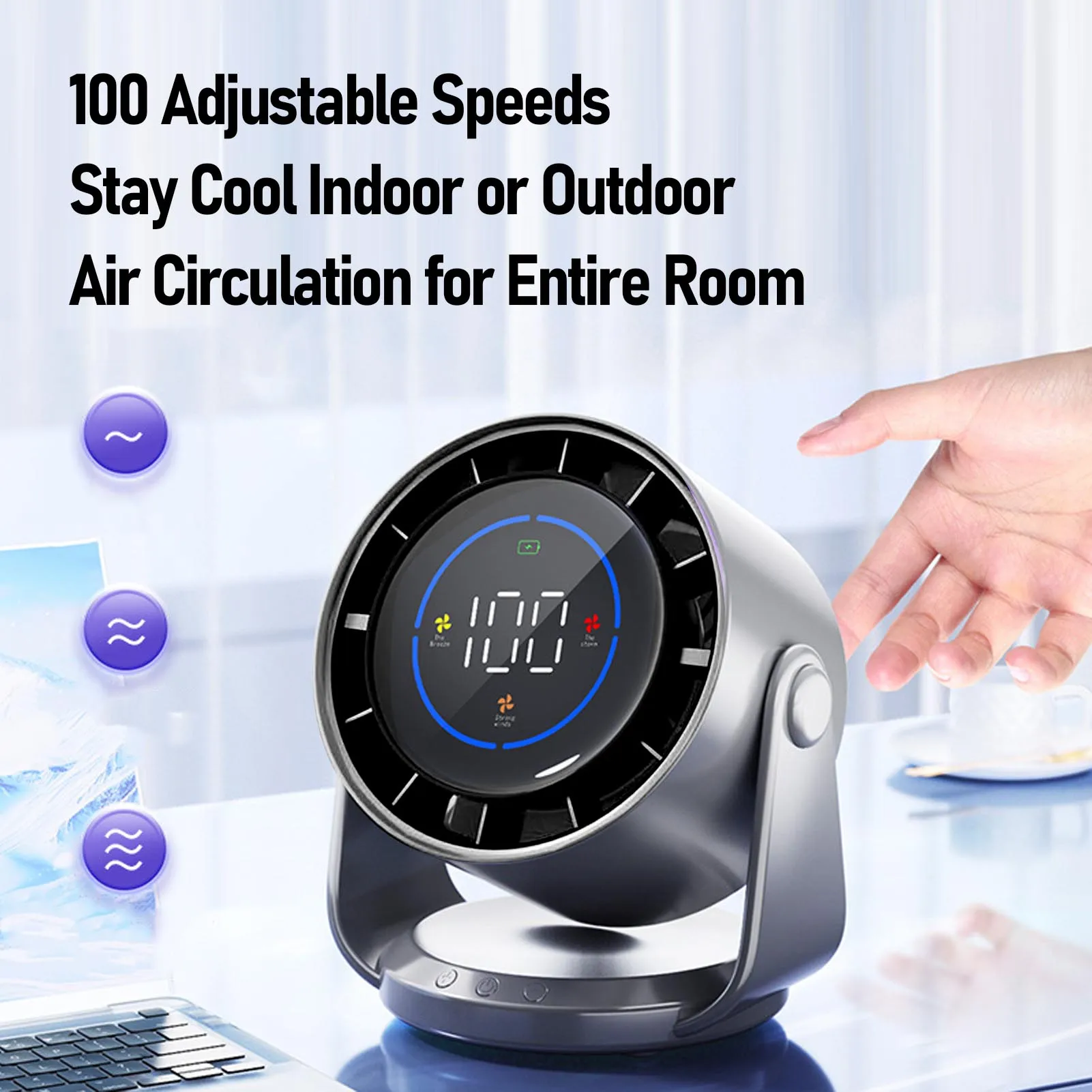 テーブルファン 静音 壁掛けデスクファン デジタルディスプレイ 充電式 USBファン 100段階速度調整 ホームオフィス キッチン 旅行 キャンプ用