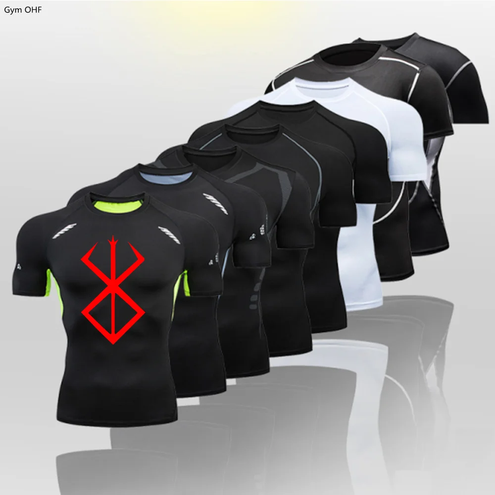 Black Anime Print Compression Shirt For Men Gym Jogging Workout Fitness Undershirts Short Sleeve Quick Dry Athletic T-Shirt Tops