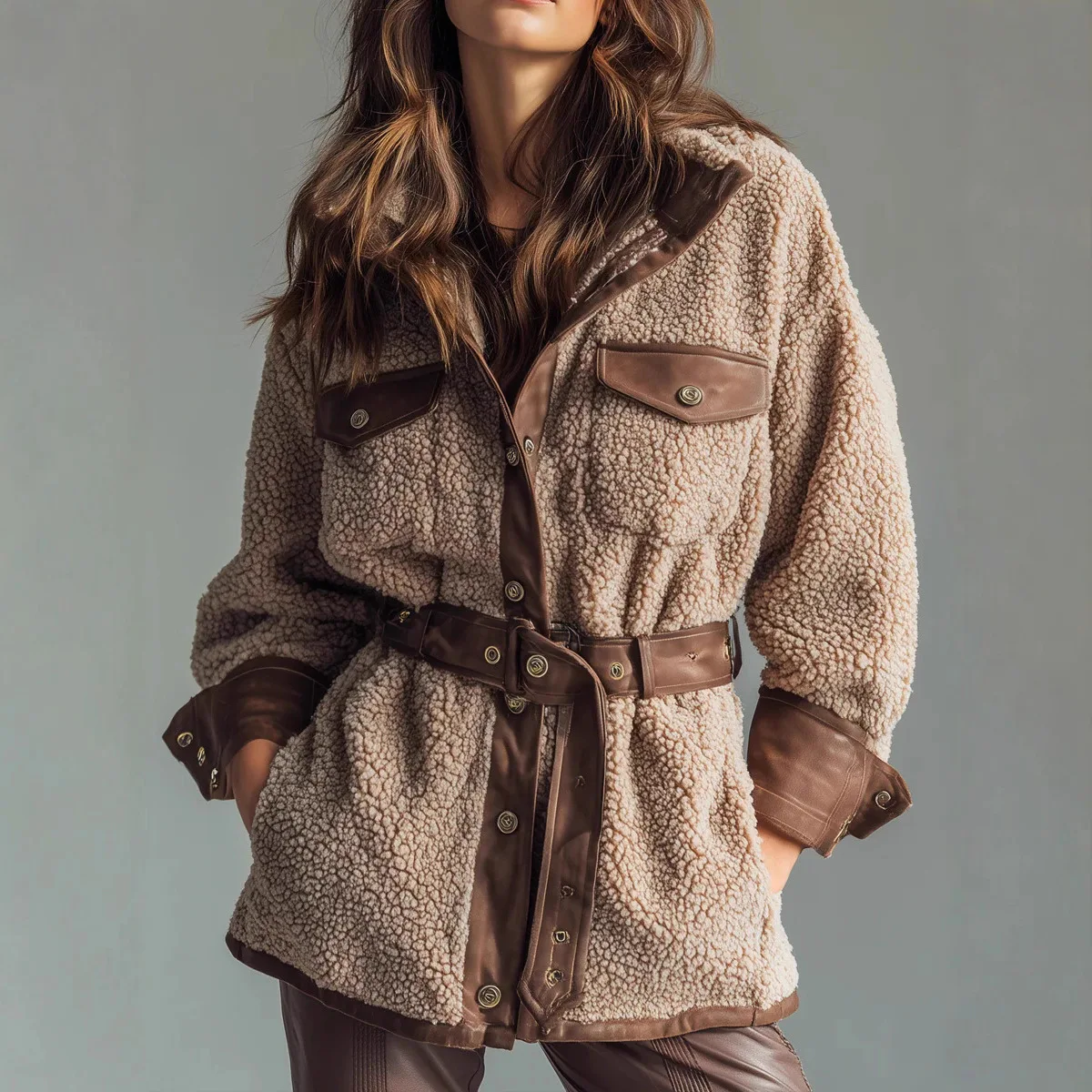 

Утолщенное пальто из искусственной кожи в стиле ретро в стиле пэчворк из овечьей кожи, женская весенне-осенне-зимняя верхняя одежда, модный мешковатый стиль с поясом