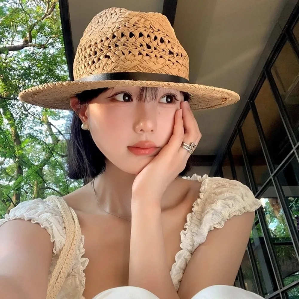 

Модная полая соломенная шляпа, джазовая ковбойская шляпа с широкими полями в стиле вестерн, солнцезащитный крем, кожаная пряжка, козырек, кепка для пешего туризма