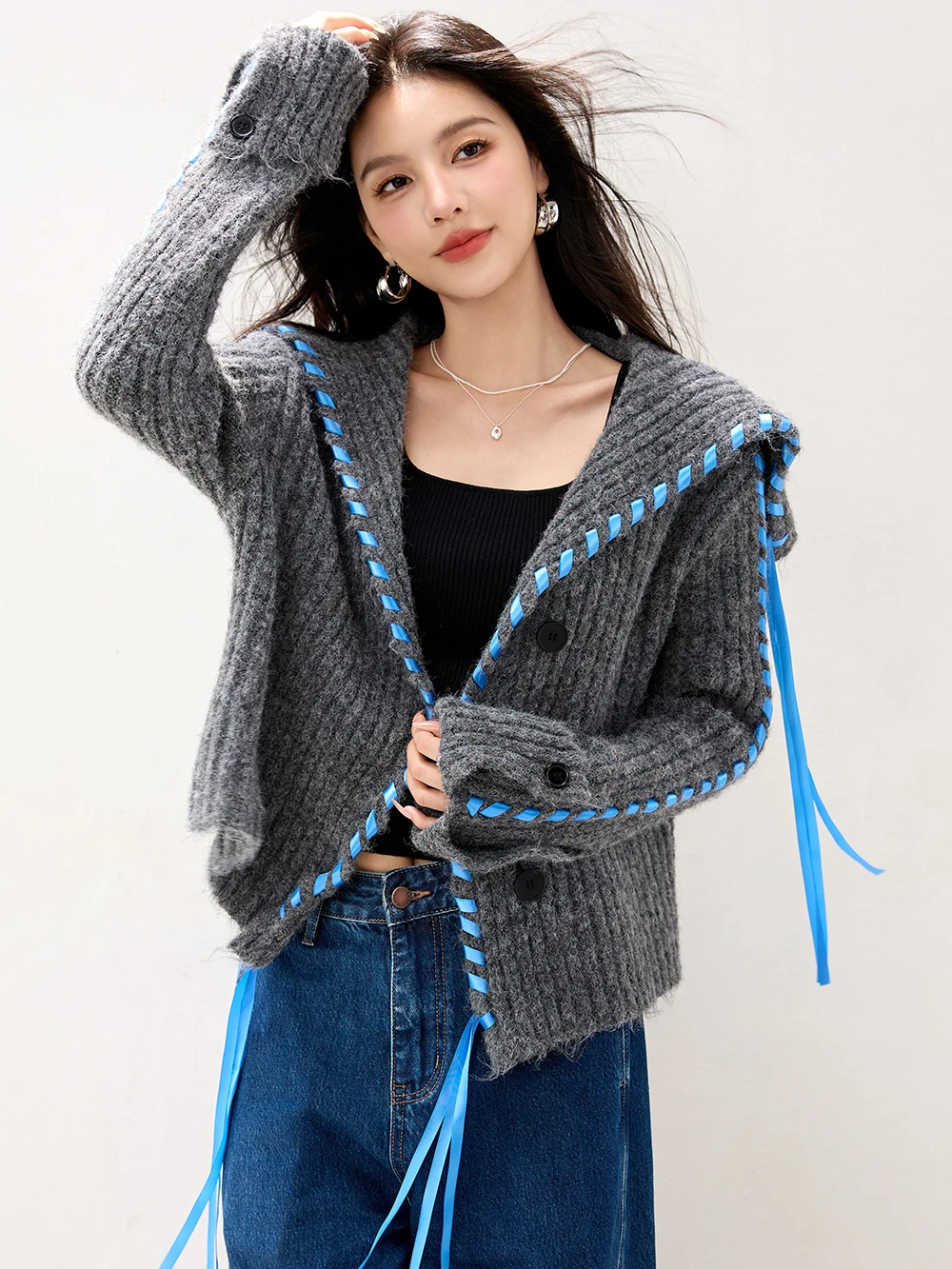 Handmade Strappy Knitted Cardigan Women's 2025 Autumn Winter Niche Casual Temperament Sweater Jacket F193