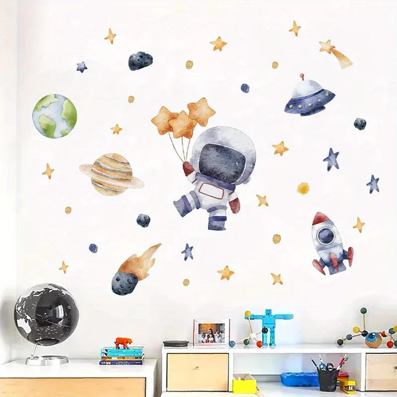 Cartoon Astronaut Space Wall Stickers, Rocket Planet Star Nursery Decals, Removable Bedroom Living Room Wall Decor Sticker Set