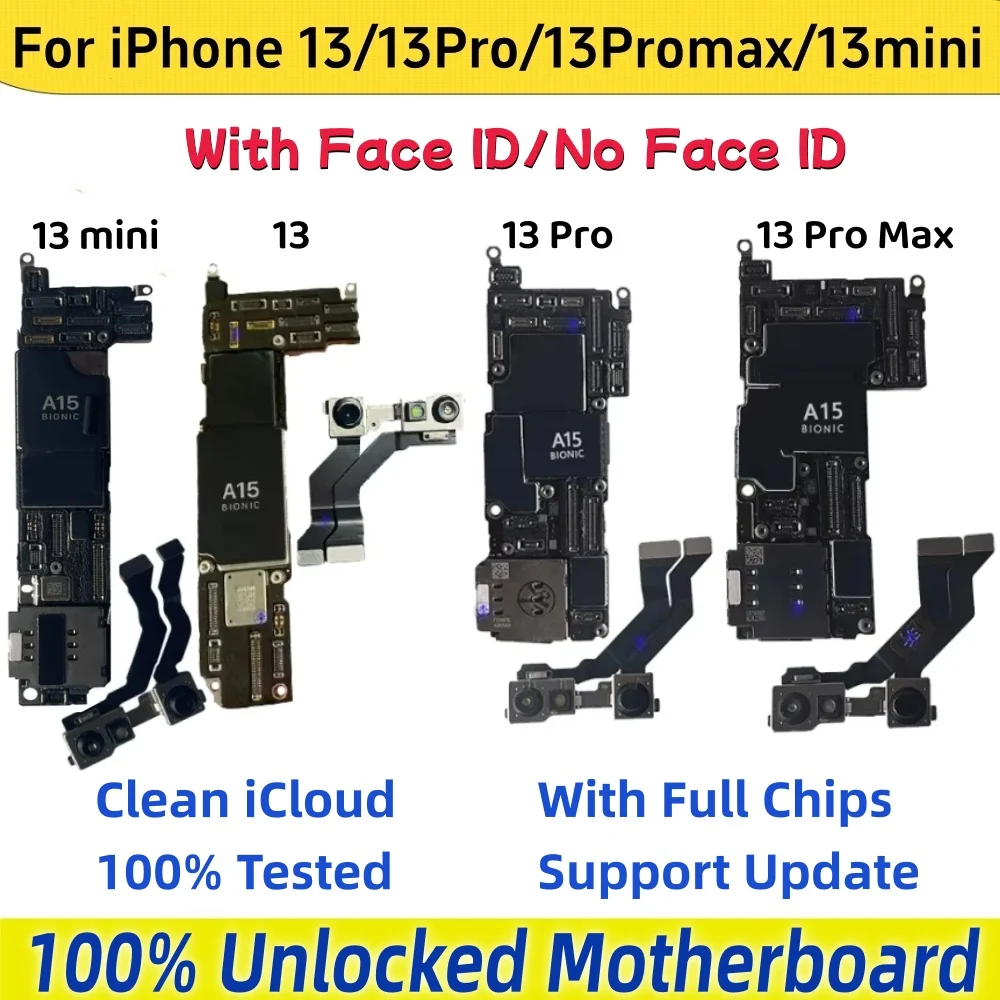 100% de trabajo para iPhone 13 Pro Max placa base con/sin placa lógica de identificación facial desbloqueada iCloud limpio para iphone 13 mini placa base