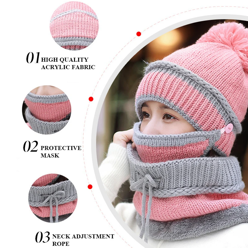 2023 New Korean Style Children Winter 3 in 1 Kids Winter Knitted Hat with Thick Warm Face Mask and Neck Scarf for Young Children