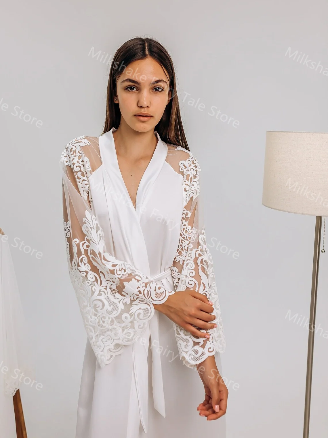 Elegant White Bridal Nightgowns Lace Ruched Long Sleeves V Neck Wedding Pajamas Sexy Floor Length Ribbons Bridal Boudoir Robes