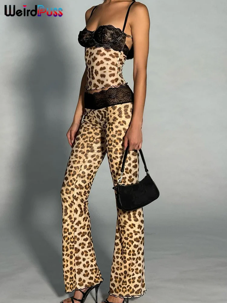 

Weird Puss Street Wild Trend комплект из 2 предметов, женские сексуальные укороченные топы без рукавов с декольте + узкие брюки с леопардовым принтом, сетчатый лоскутный костюм