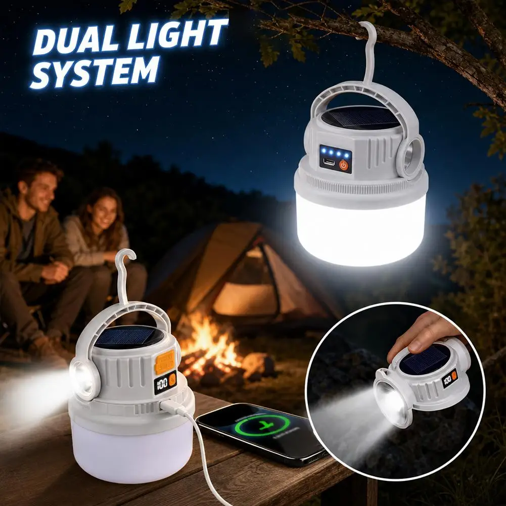 Dual Light Source Solar Camping Lantern Waterproof Type-C Fast Charge Power Display LED Tent Flashlight Hook Emergency