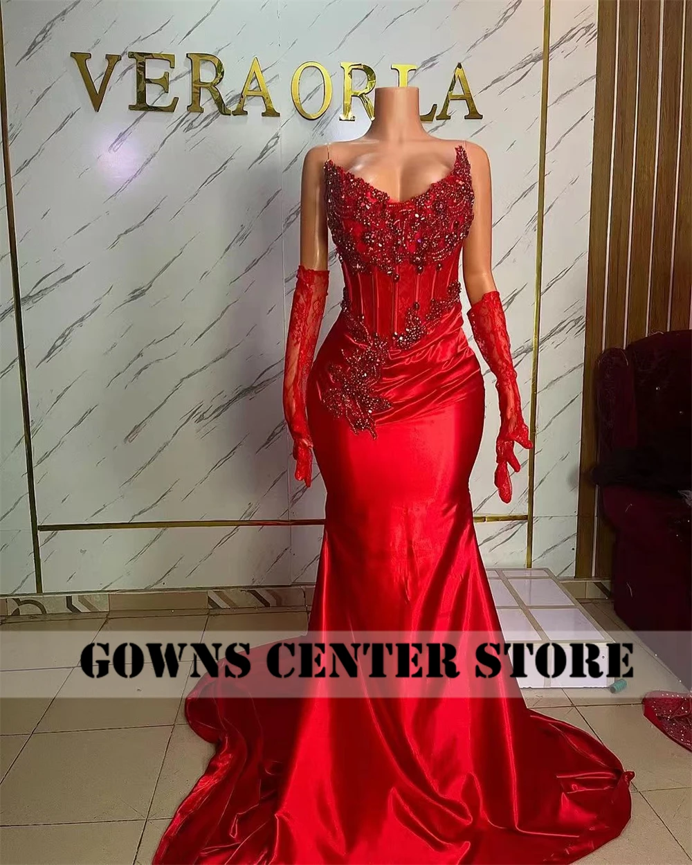 Amazing Red Lace Gloves Rhinestone Strapless Evening Dress Mermaid Aso Ebi Women Formal Party Dress For A Wedding Customized