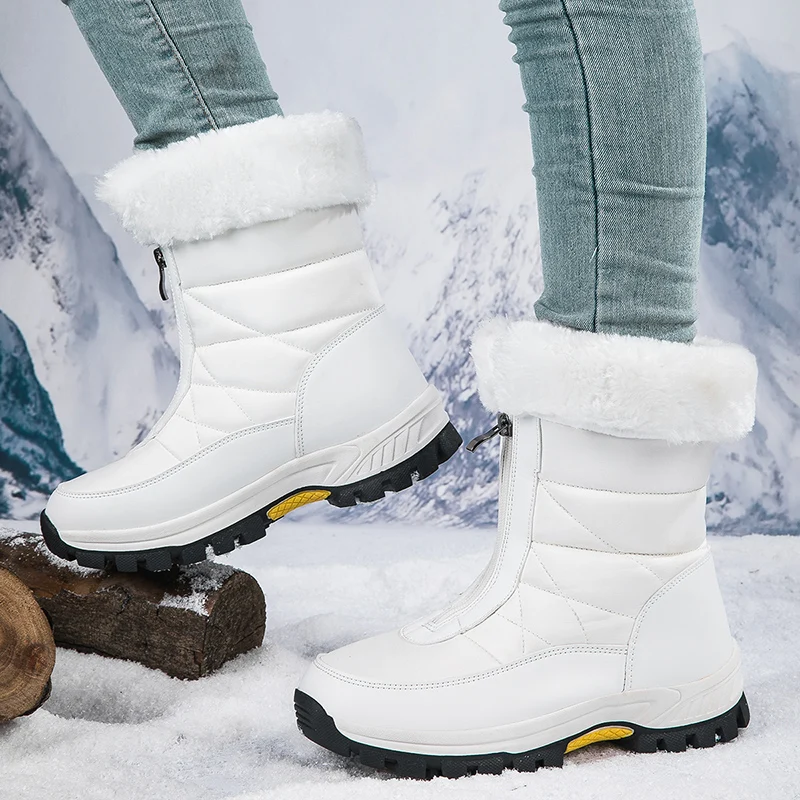 

White Waterproof Warm Snow Boots Woman zipper plush Antiskid fashion trend Ankle Boots big size Mid-Calf Winter platform Boots