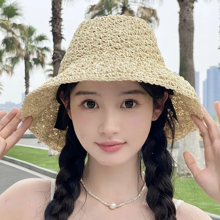 Fairy Lace Strap Hand Hooked Straw Hat Summer Outing Sunscreen Large Brim Hat Handmade Sun Hat 56-58cm