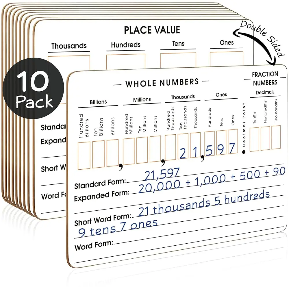 

Набор из 10 двусторонних сухостираемых досок для изучения разрядов чисел от миллиардов, 9 x 12 дюймов, для детей.