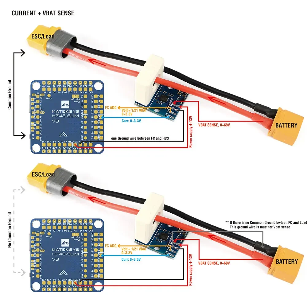 Sensor de corrente de efeito hall matek, módulo 150a, 0 ~ 69v, sensor de tensão para h743 slim v3, controlador de vôo, drone de corrida fpv