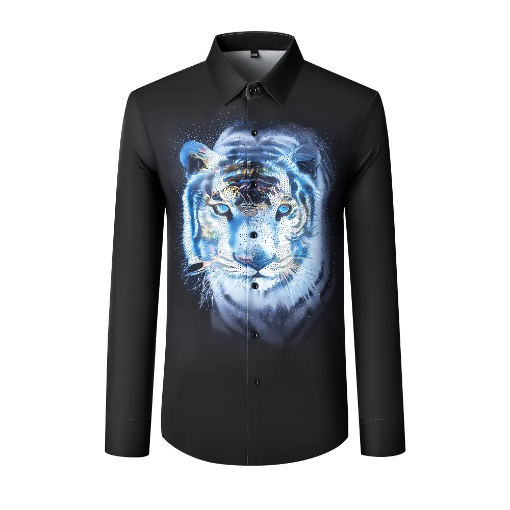2025 Autumn 3D Tiger Print Men‘s Shirt High End Rhinestone Decoration Long Sleeve Casual Shirts Business Banquet Party Dress Top