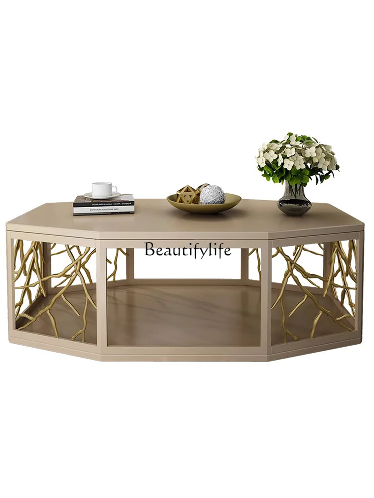 

American Light Luxury Style Tea Table Modern Minimalist Champagne Metal Multilateral Square Solid Wood Tea Table