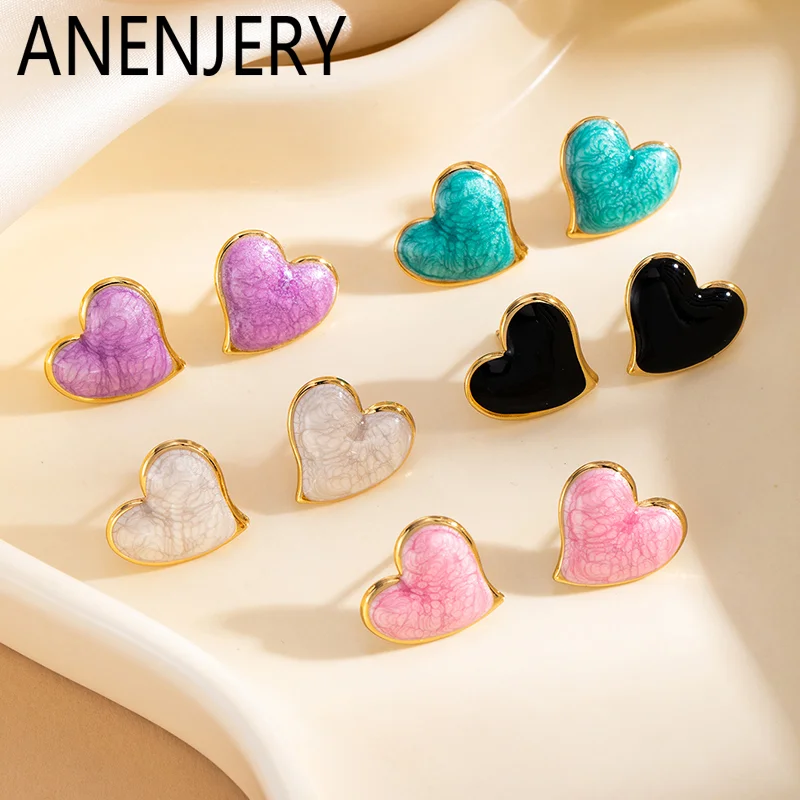 ANENJERY 316L Stainless Steel Enamel Colored Heart Stud Earrings For Women Luxury Niche Temperament Simple Jewelry Gift
