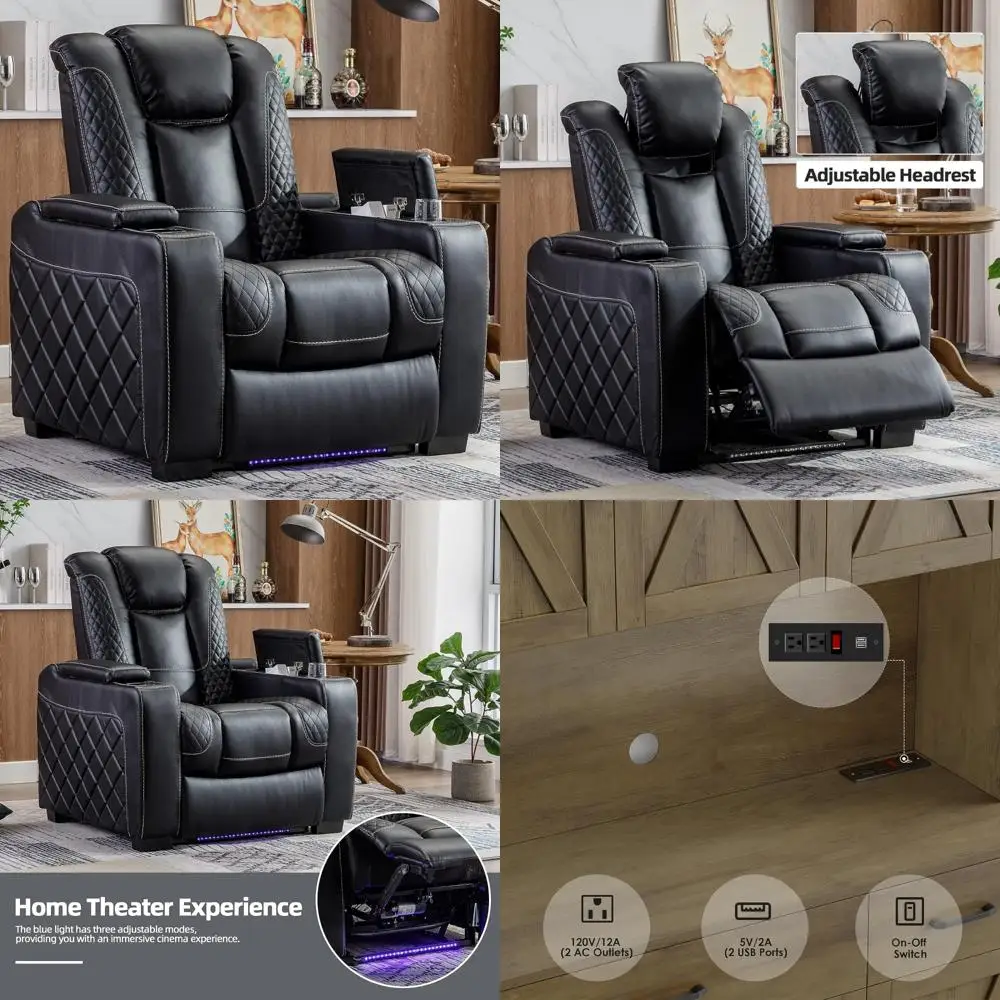 Elegant Dual Motor Reclining Chair with LED Lighting and Faux Leather for Home Theater Seating