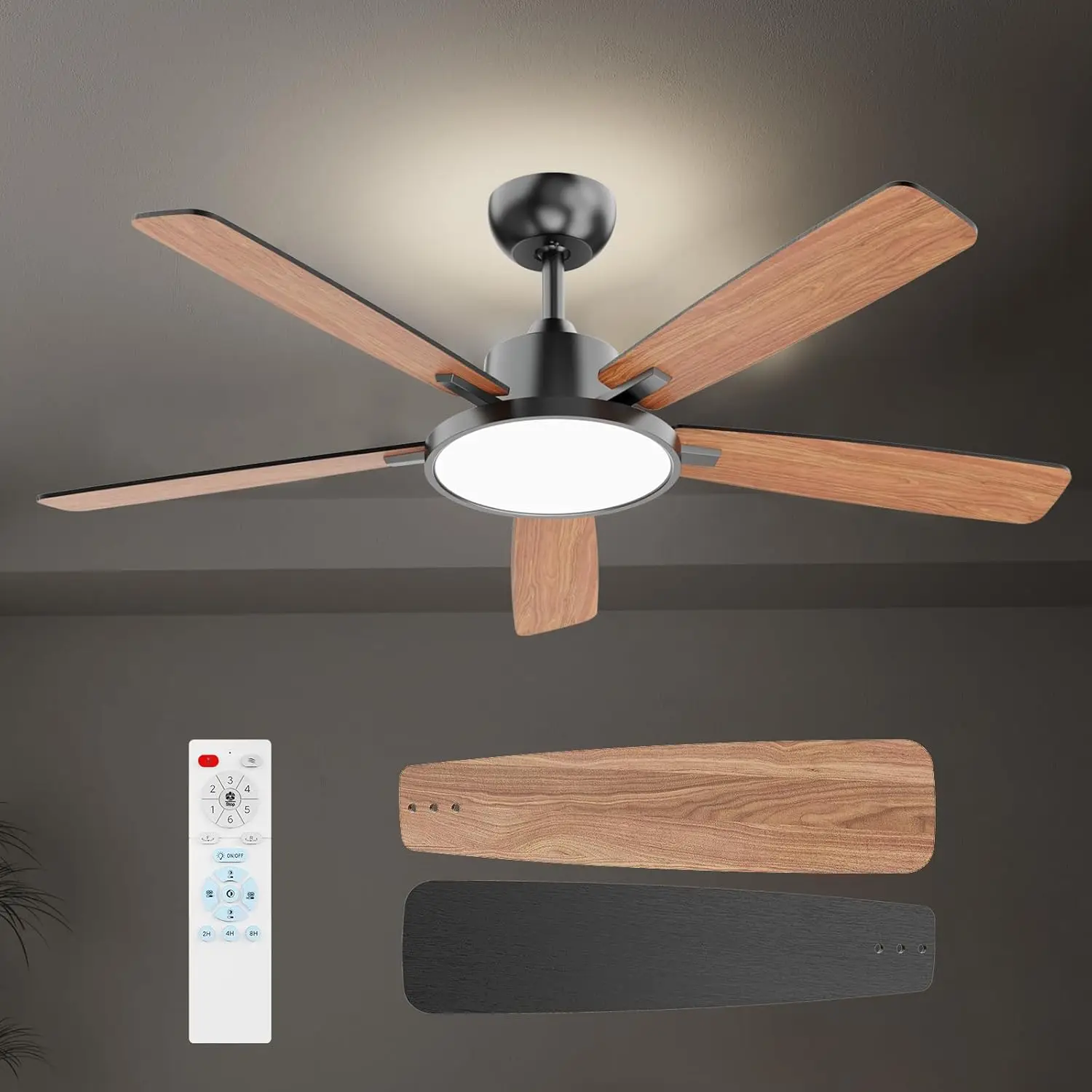 

52 Inch Black Ceiling Fan Led Light Remote Control Flush Mount Low Profile Bedroom Living Room Patio Reversible DC Motor 3 Color
