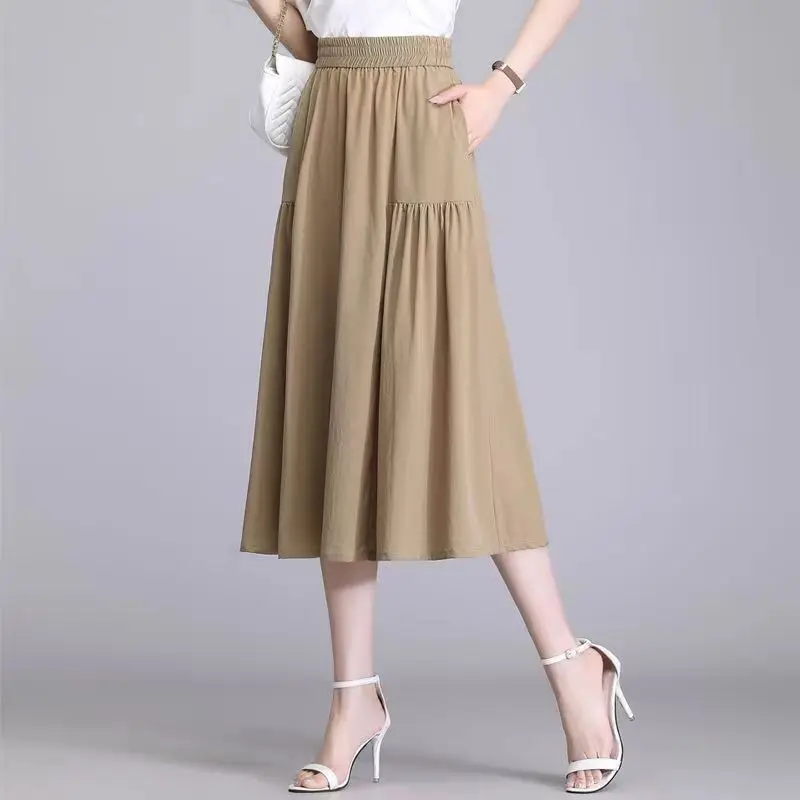 Women's Beige High Waist Pleated Midi Skirt Flowy A-line Casual Daily Office Party Long Skirt