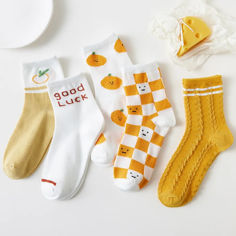 5 Pairs Women Fruit Print Socks Set Cute Casual Korean Fashion Kawaii Japanese Style Pumpkin Strawberry Banana Peach Avocado Sox