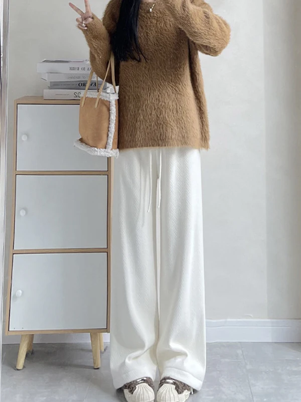 Winter Nieuwe Damesbroek met hoge taille, wijde pijpen, voering, rechte snit, gebreide broek, chino, geschikt voor woon-werkverkeer, warm