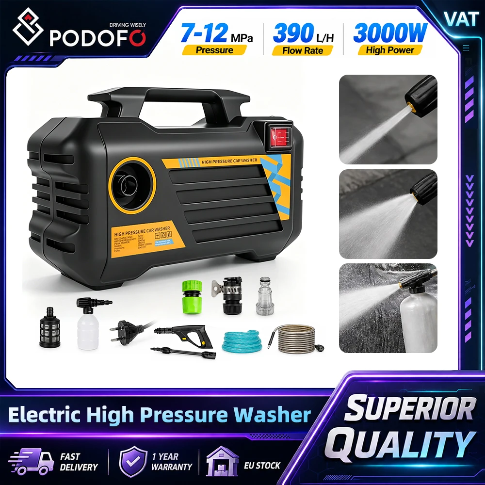 Podofo, idropulitrice portatile ad alta pressione da 3000 W, con funzione di auto-riempimento, 7-12 MPa, 390 L/h, 3 modalità di spruzzo, serbatoio per schiuma, tubo da 8 m, sistema di collegamento