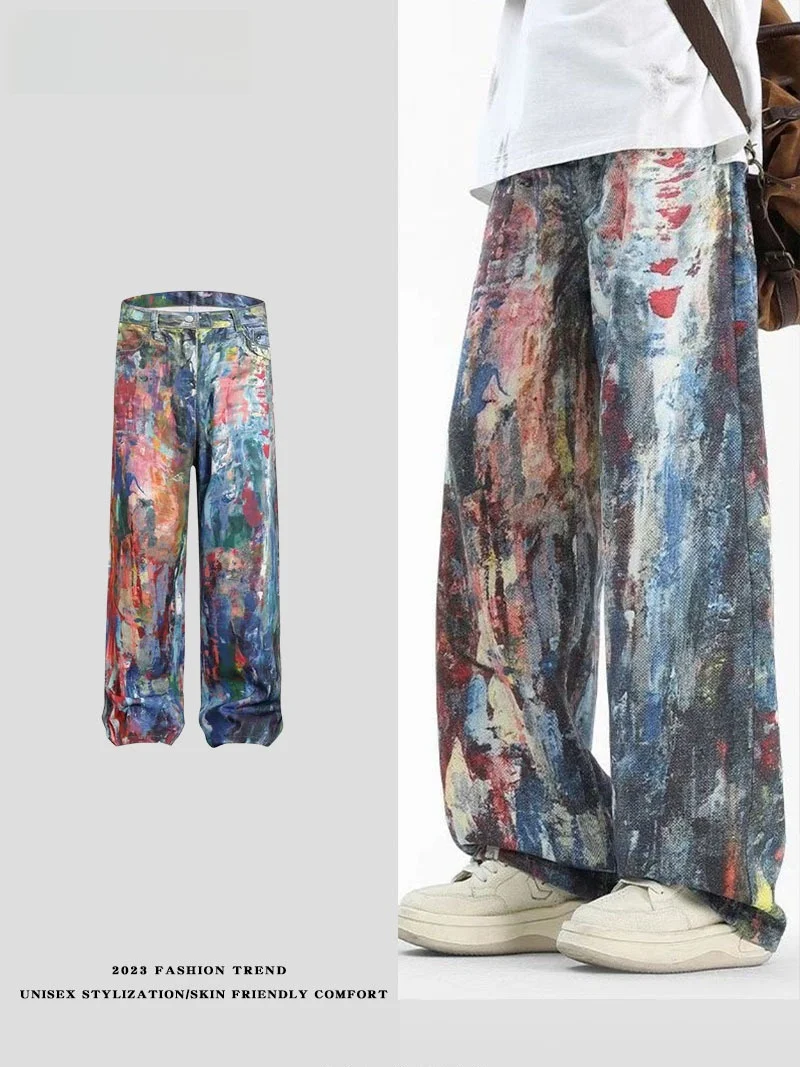 

LPLN Vintage American Waed Dyeing Oil Painting Ptte 3D Color Print Floor-Length Pants Men's Jeans mid Waist Straight Leg