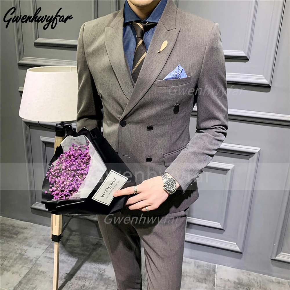 

Gwenhwyfar 3 Pieces Double Breasted Mens Suits Formal Blazer Slim Fit Business Wedding Groom Tuxedo Jacket Vest Pants Sets Homme