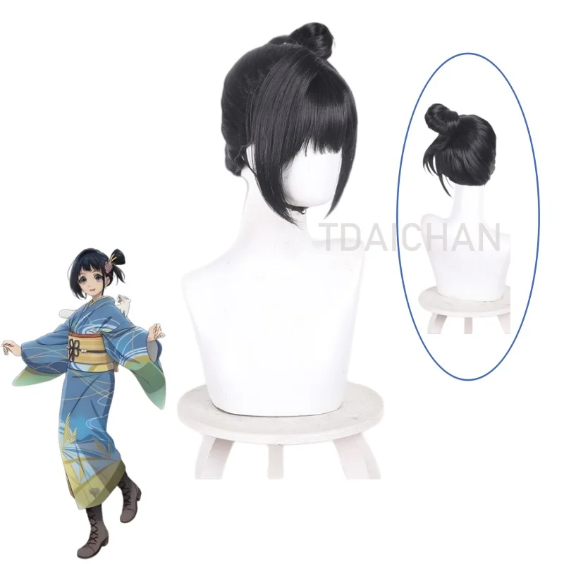 2026 Anime Sparks of Tomorrow Inako Mogawa Cosplay Wig Black 40cm Updo Hair Bun Kawaii Party Halloween Props with Free Wigcaps
