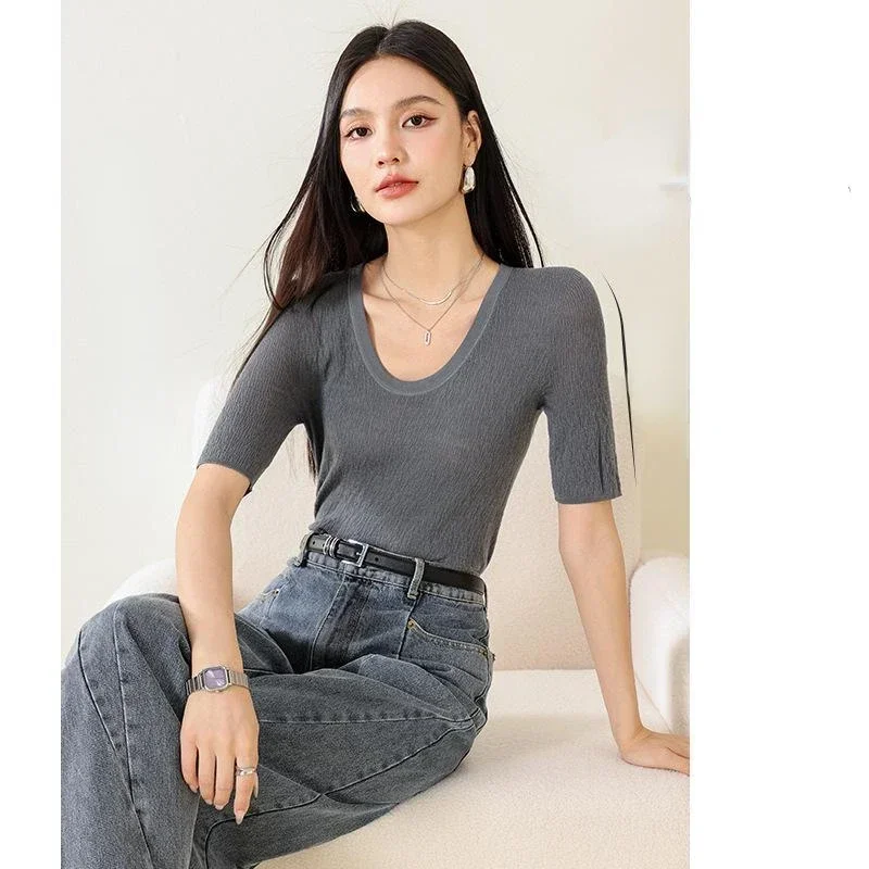 Damen-T-Shirt aus 100 % australischer Wolle, elegantes, dünnes, nahtloses Strick-T-Shirt mit U-Ausschnitt, halbärmeliges, lässiges, elastisches Damen-Frühlings-T-Shirt