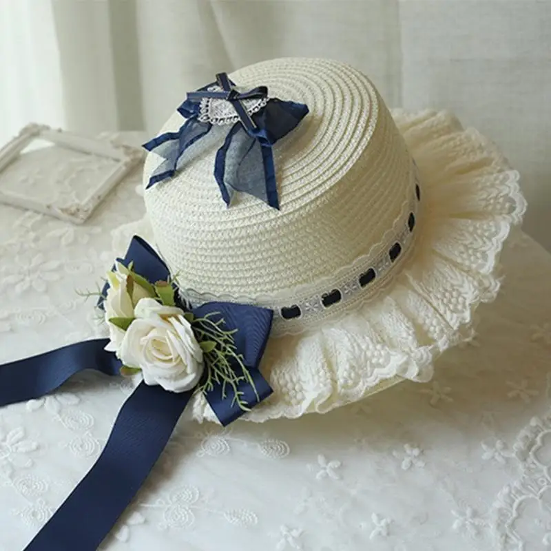 652F قبعة Hepburn الغربية مع White Rose Bowknot شاي شاي الدانتيل
