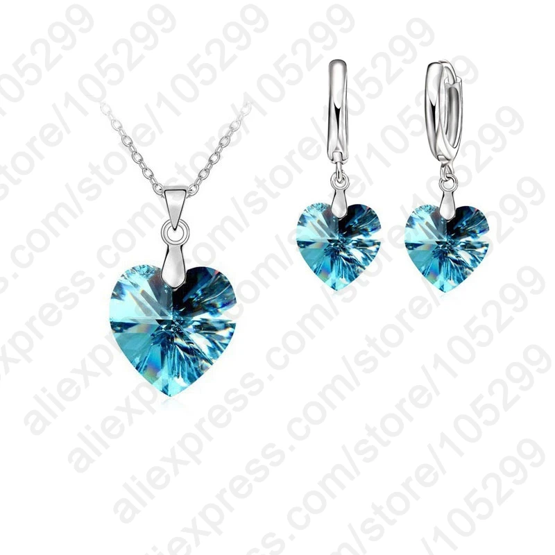 Romantic Clearly Austrian Crystals 925 Sterling Silver Jewelry Sets Heart Pendant Necklaces Lever Back Earring For Woman