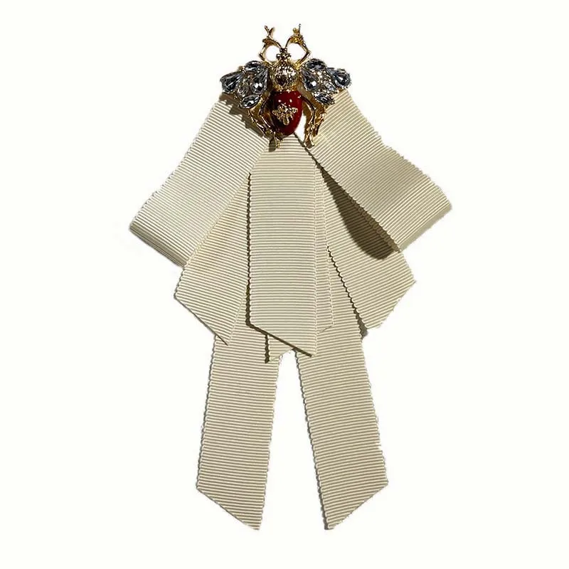 Vintage Black Fabric Bow Brooch Crystal Bee Lapel Pin for Women Fashion Cloth Art Bowknot Cravat Collar Jewelry Accessories