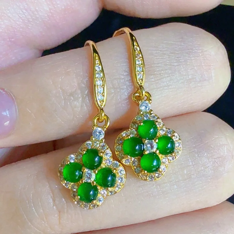 

Natural A-grade jadeite ice green cabochon earrings, light luxury vintage style women's earrings, popular live-streaming jewelry