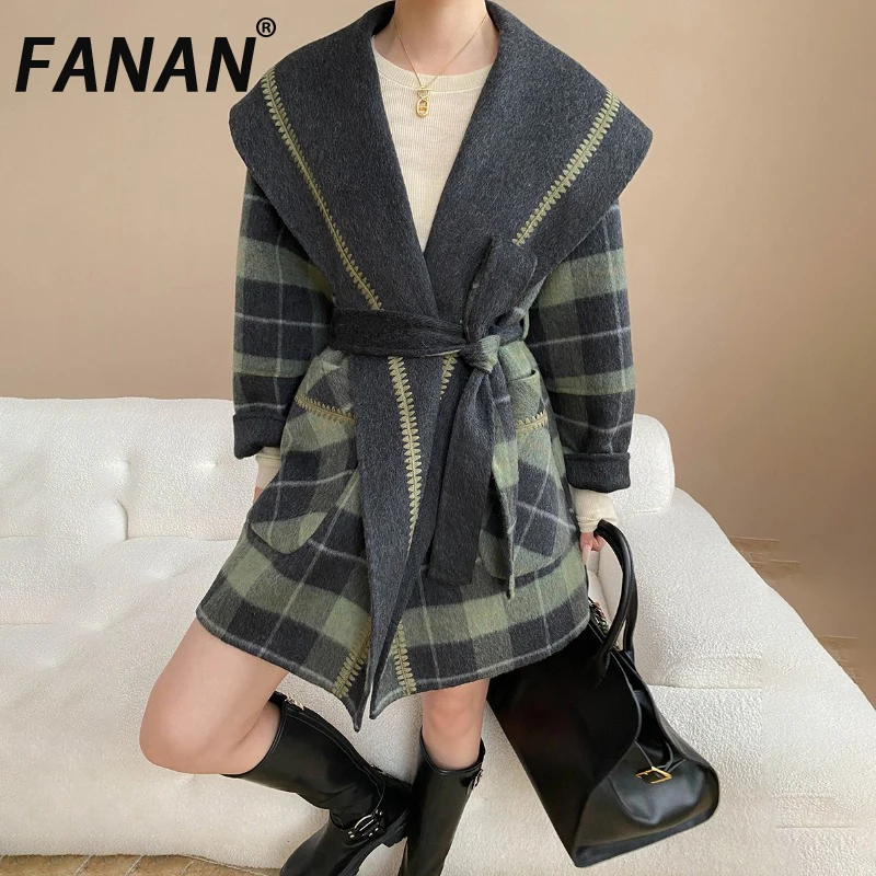 

FANAN Высококачественные толстые теплые шерстяные пальто в клетку контрастного цвета, женские шерстяные пальто с поясом и сборкой на талии, элегантная верхняя одежда, женская одежда, новинка зимы