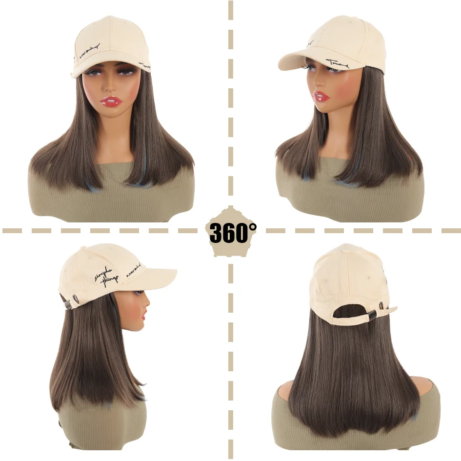 Allaosify topi bisbol bordir wanita, topi ekstensi rambut lurus sulaman huruf krem muda 12 inci rambut sintetis