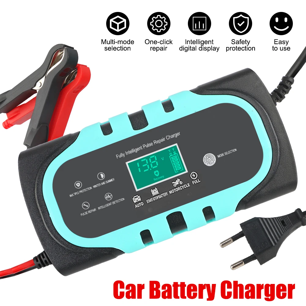 Para motocicleta, batería de plomo seco y húmedo, cargador de batería de coche inteligente, cargador de batería con pantalla Digital, reparación de pulso de 12V 10A