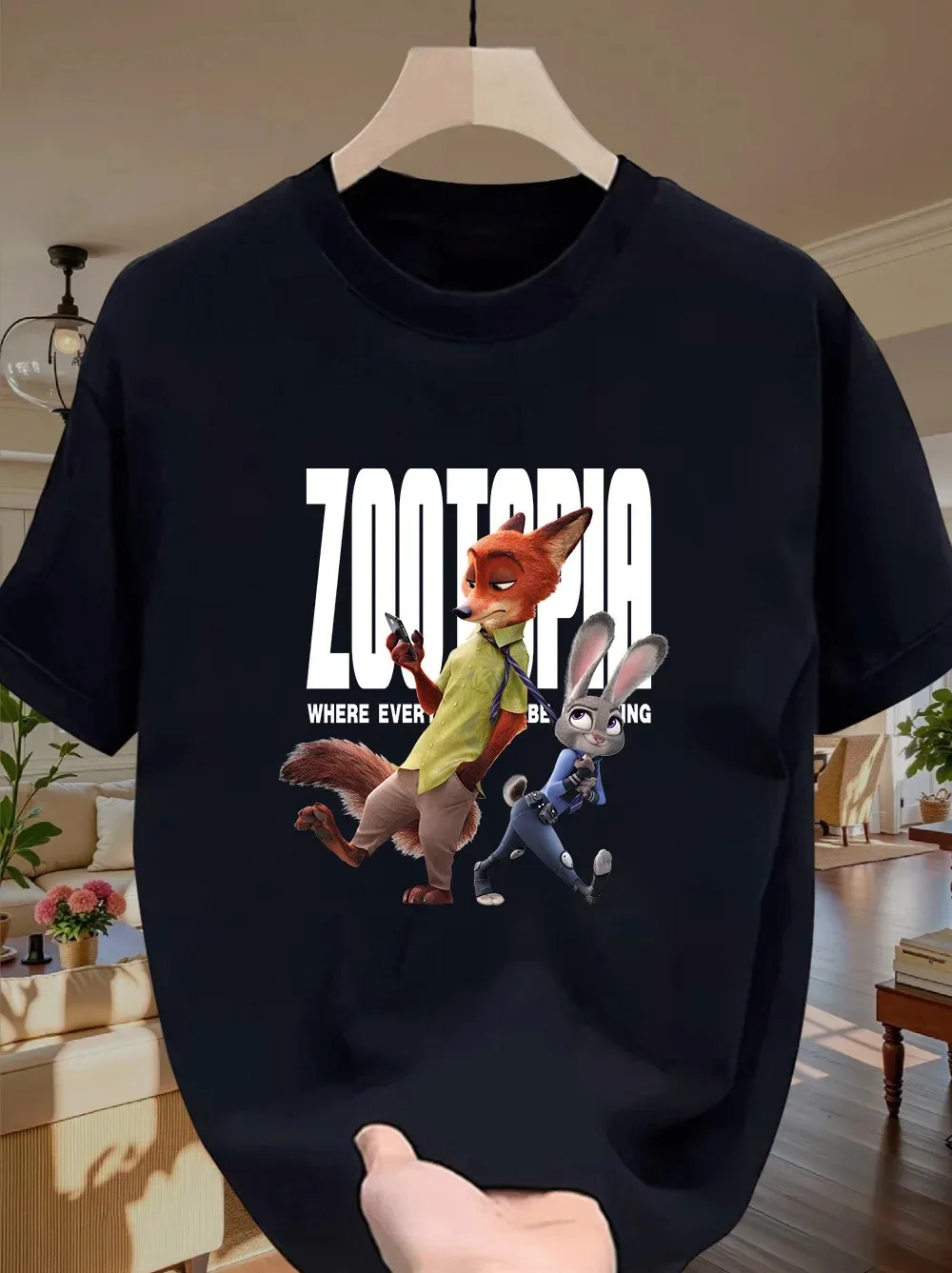 

Удобная хлопковая футболка унисекс темно-синего цвета с короткими рукавами Disney Zootopia "Where Everyone Can Be Anything" с изображением Ника Уайлда и Джуди Хоппс