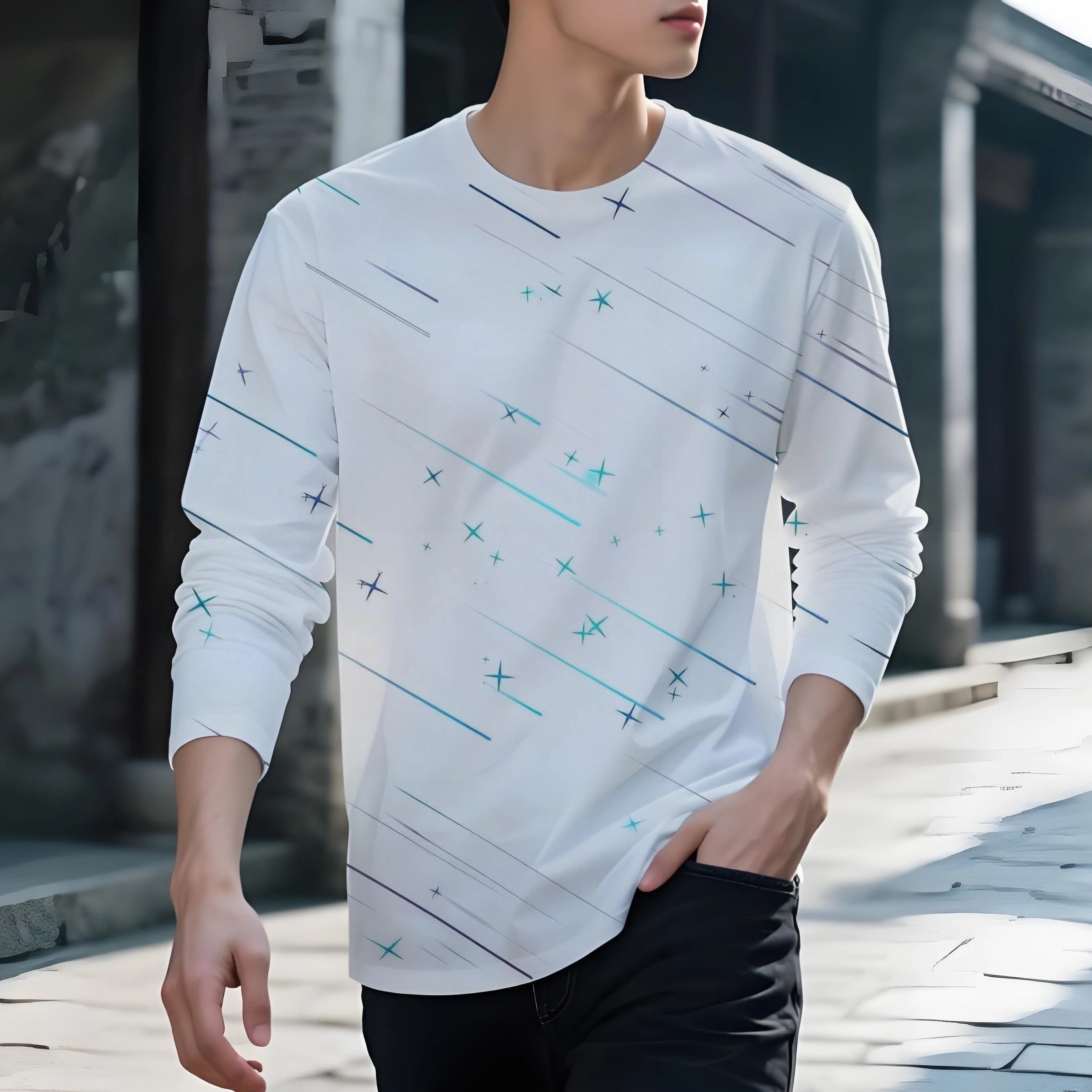 Langärmliges Rundhals-T-Shirt für Herren im Frühling und Herbst mit dünnem Meteor-Print, geeignet für den Innenbereich, lässiger Persönlichkeitspullover
