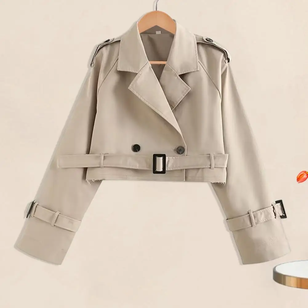 

Women Solid Color Jacket Stylish Women's Short Jacket With Turn-down Collar Belt Decor Ripped Edge Detail For Fall Winter