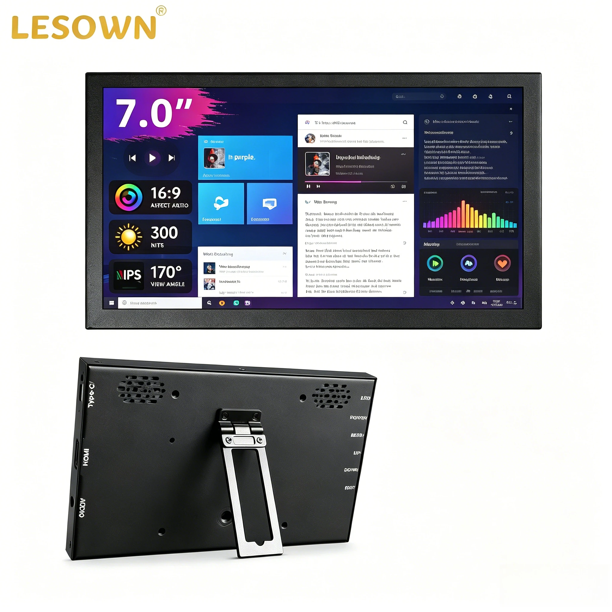 LESOWN 7.0 Inch VESA 75 Aluminum Maker Screen 1024x600 HDTV Audio Display for LattePanda Single Board Computer Workbench