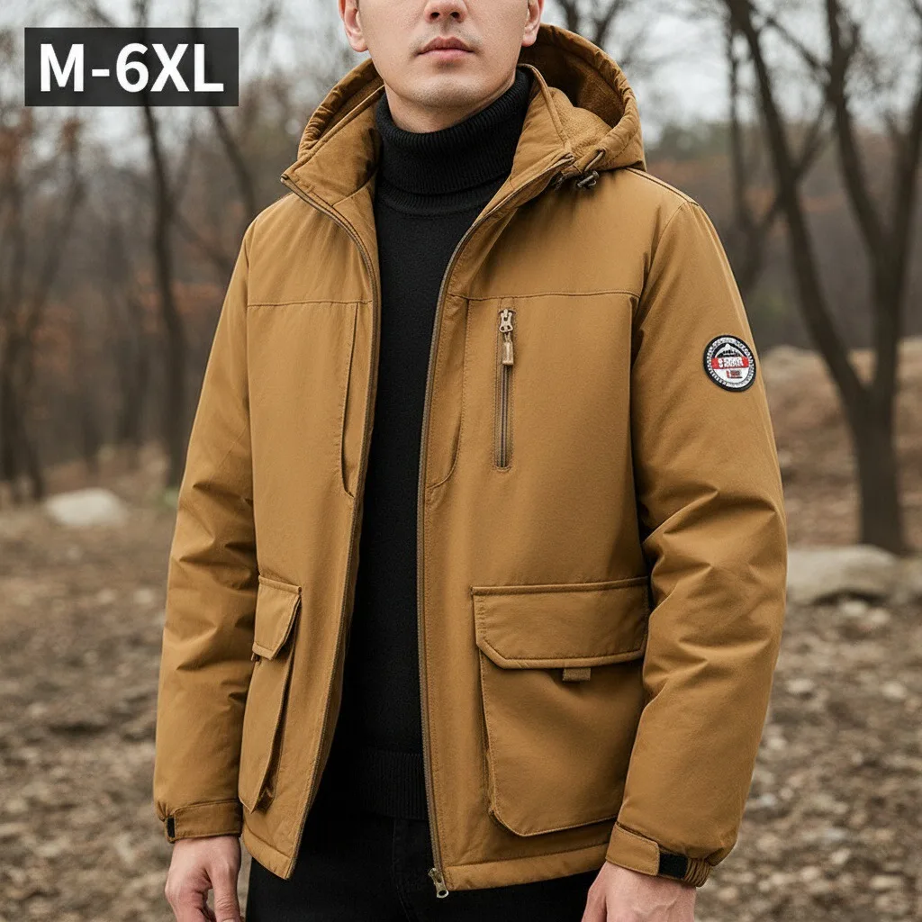 

New Winter Jacket Mens Premium Detachable Hood Outdoor Adventure Windproof Durable Parka Solid Color Thick Warm Zipper Coat