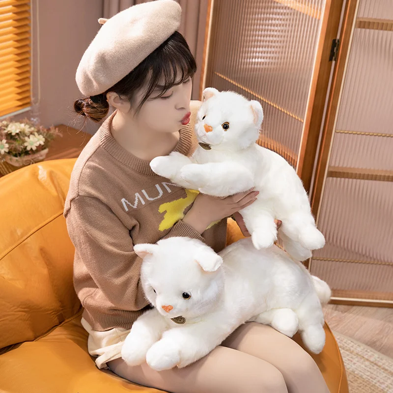 Kawaii Simulation White Lying Cat Plush Pillow Toy New Stuffed Animals Peluche Pet Dolls Realistic Birthday Gift