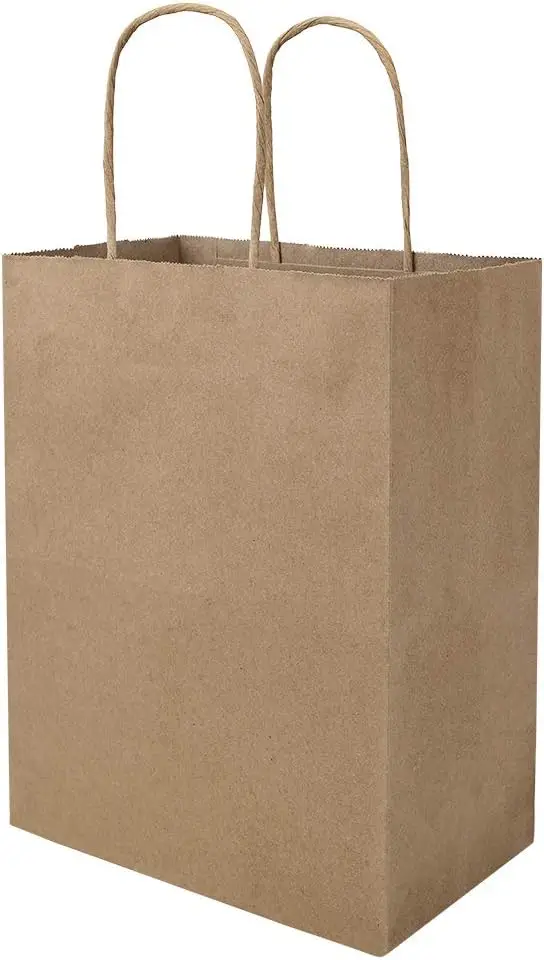 

100 Pack Medium Brown Kraft Paper Bags with Handles, 8x4.75x10 Inch, Bulk for Craft Gift Grocery Shopping Party Favors Wedding
